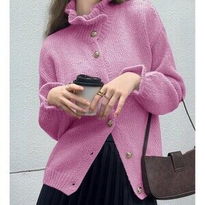 Women’s Ruffle Cardigan Oversized Button Up Fall Trendy Ribbed Knit Sweater NWT